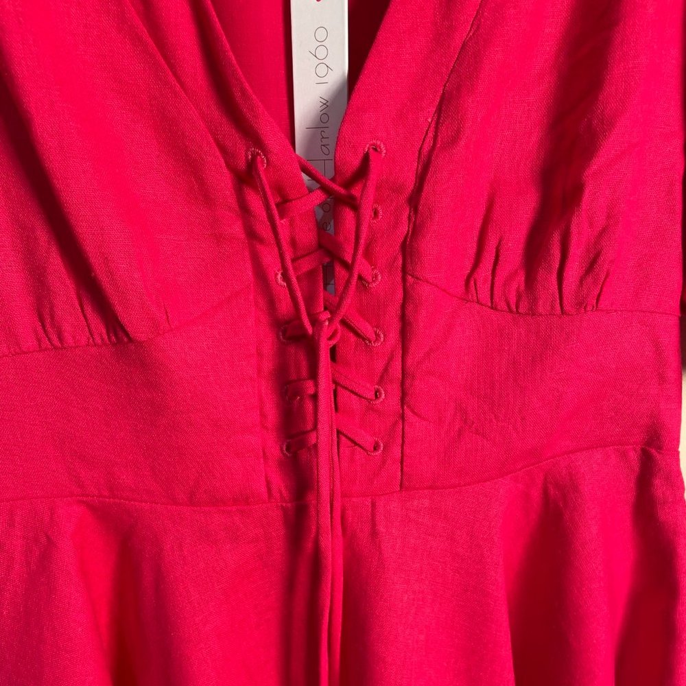 House of Harlow 1960 NEW Mini Flare Linen Blend Lacing Dress Size 4 Fuchsia - Picture 6 of 11